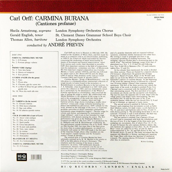 Carl Orff Carmina Burana André Previn LP 180 Gram Vinyl London Symphony ...